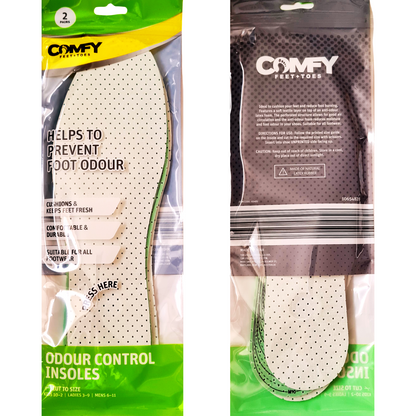 Two packages of Comfy foot care products with text on a white background
