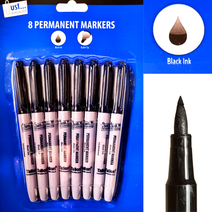 Pack of 8 permanent markers with black ink on a blue background