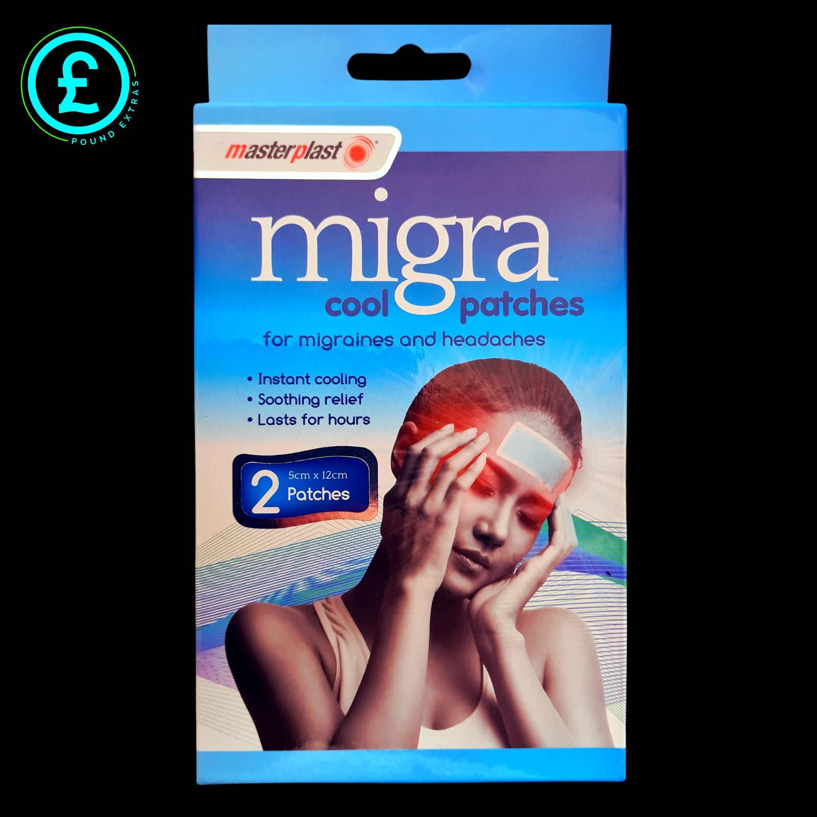 Pack of Masterplast migra cool patches for migraines and headaches with a person applying a patch on their forehead.