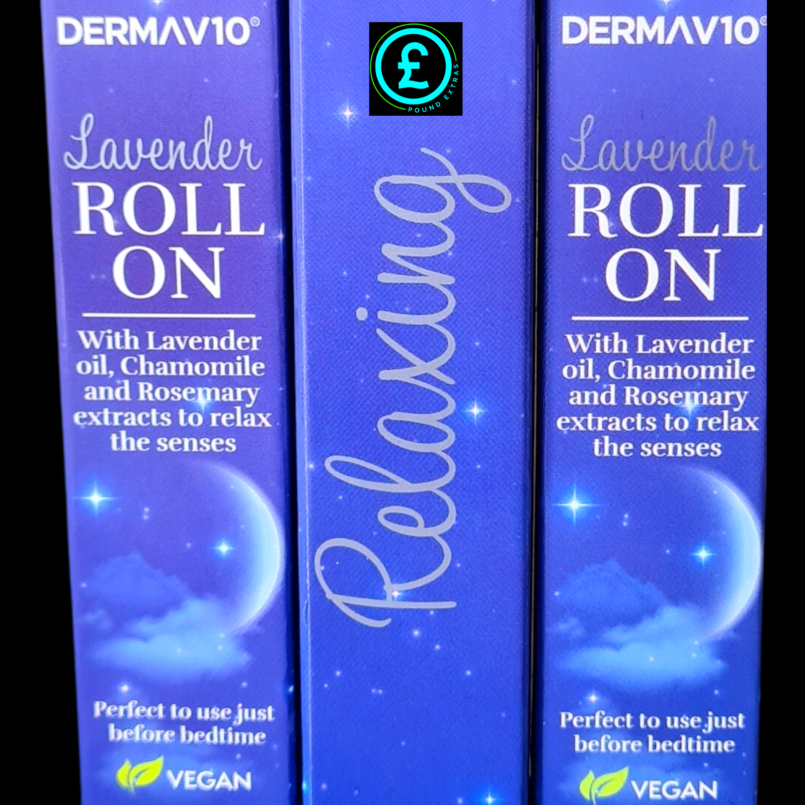 Three boxes of DERMAVIO Lavender Roll On with lavender oil, chamomile, and rosemary extracts.