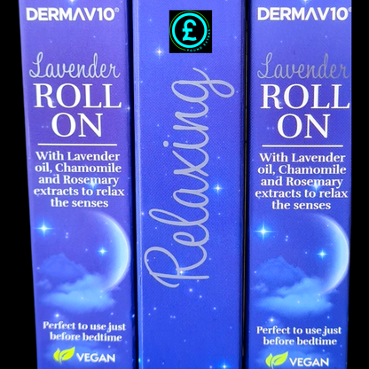 Three boxes of DERMAVIO Lavender Roll On with lavender oil, chamomile, and rosemary extracts.
