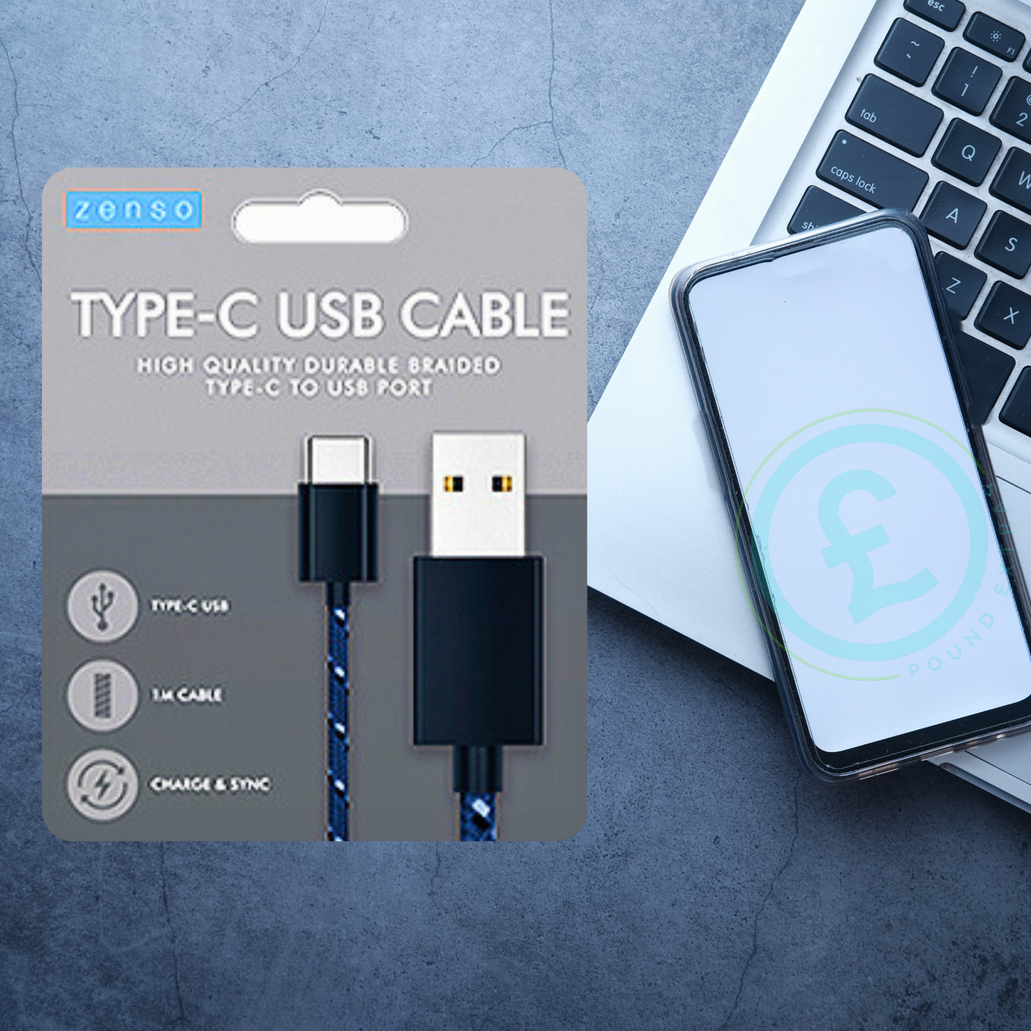 Zenso Type-C USB cable packaging with a smartphone and laptop on a blue background