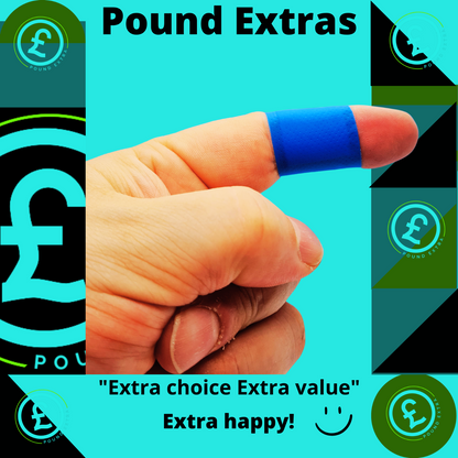 Hand with blue bandage on finger against a teal background with Pound Extras branding.