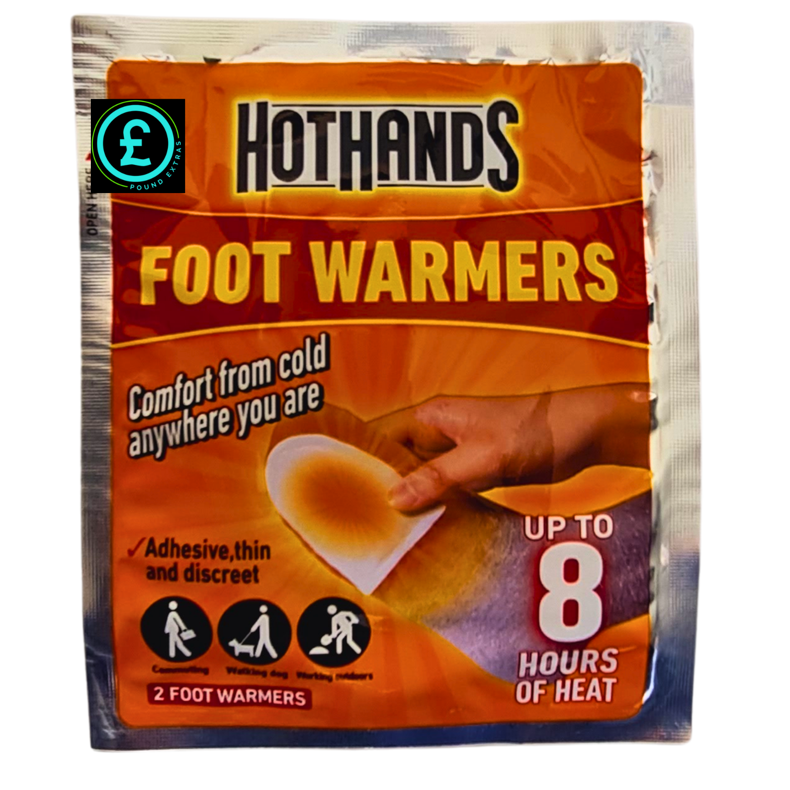 HotHands foot warmers packaging with branding and product details.