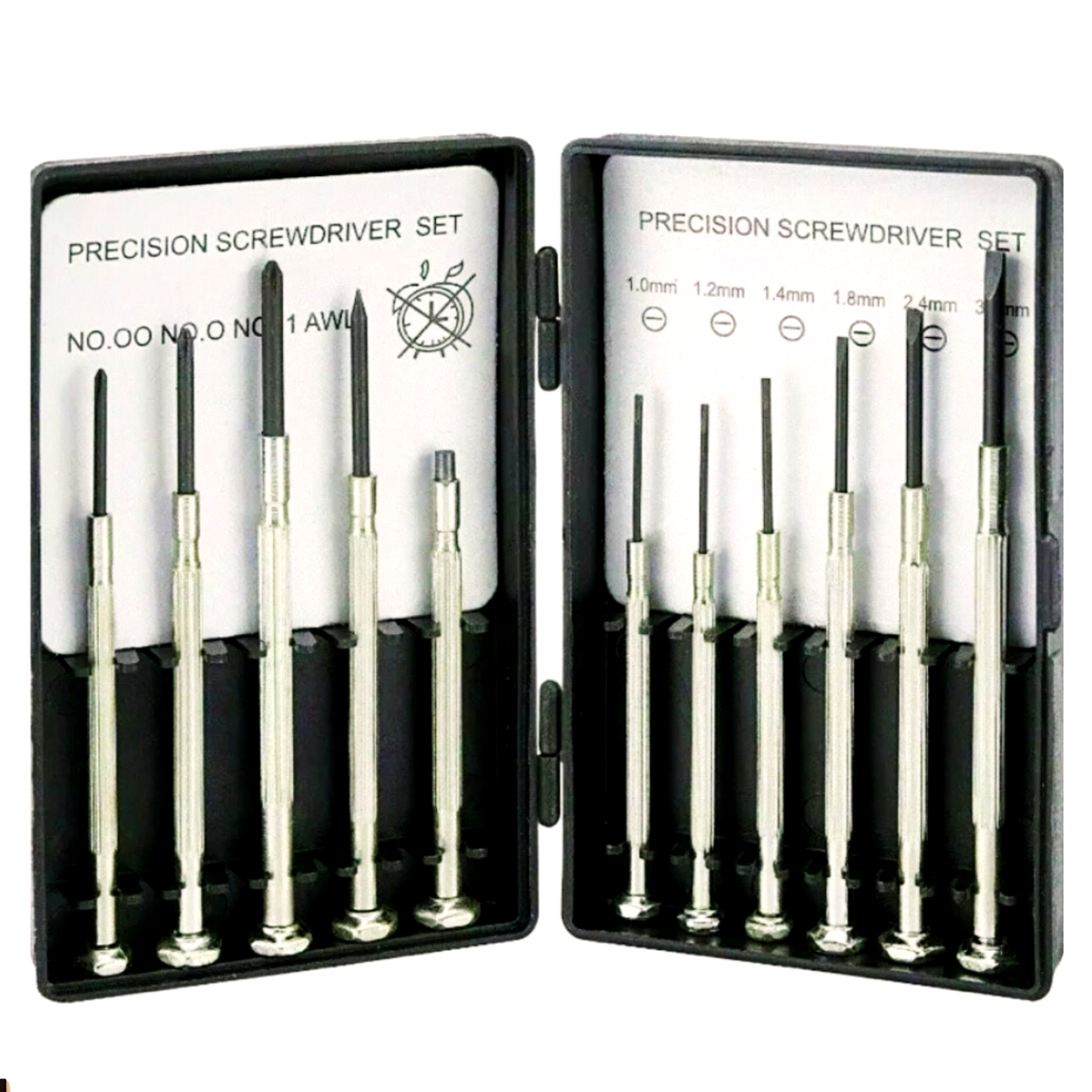 Precision screwdriver set with open case displaying various sizes on a white background
