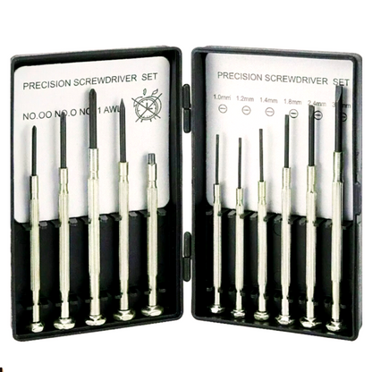 Precision screwdriver set with open case displaying various sizes on a white background