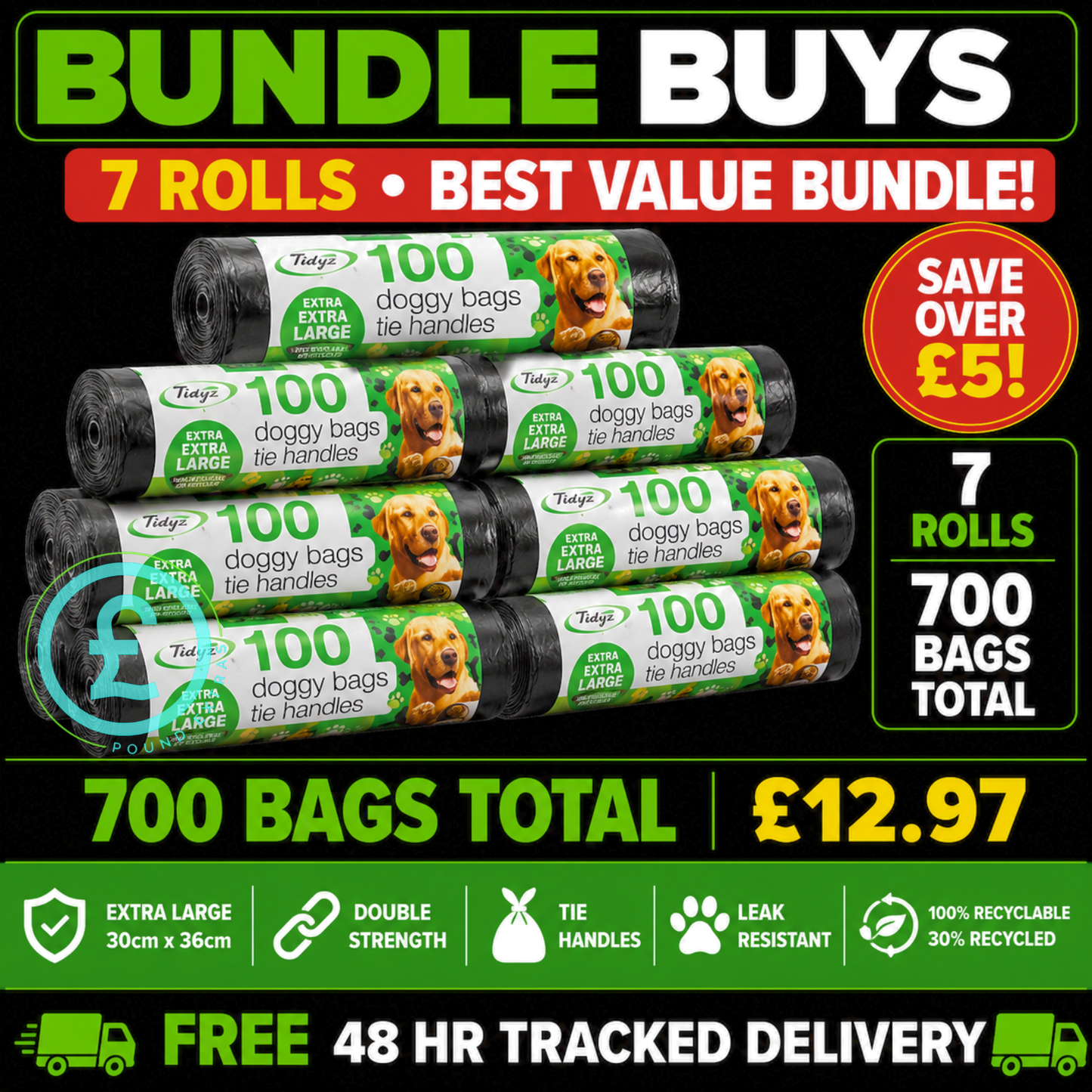 Doggy Bags 700 Pack Bundle Extra Large Tie Handle Dog Waste Bags 0