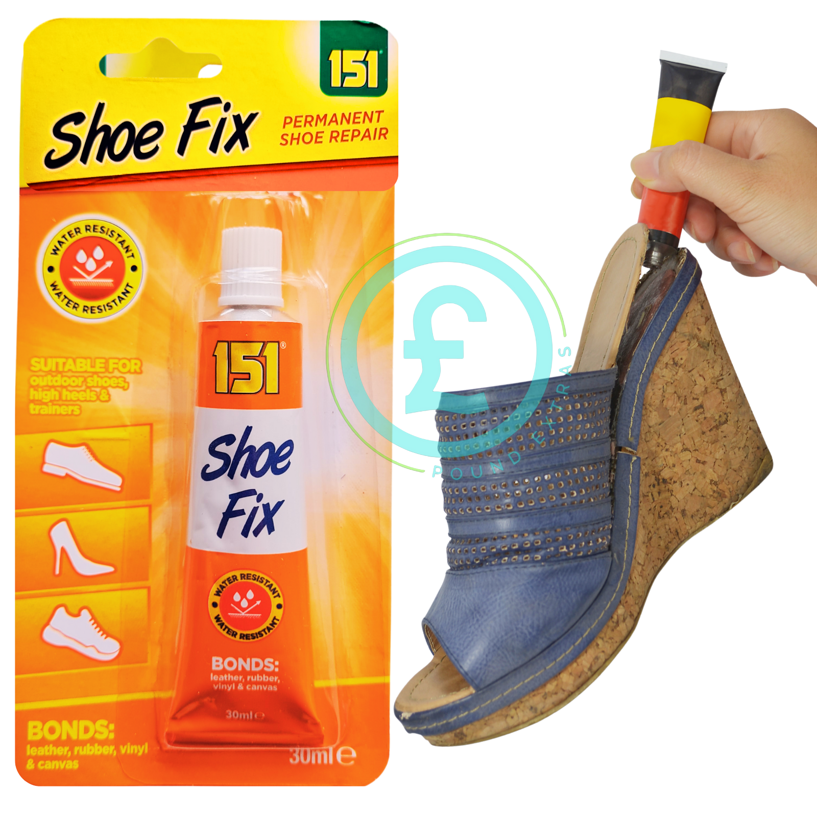 151 Shoe Fix permanent shoe repair kit with a hand holding a shoe and a bottle.