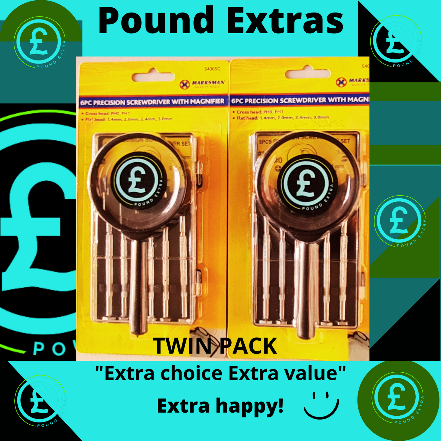 Packaged screwdriver set with Pound symbol branding on a colorful background