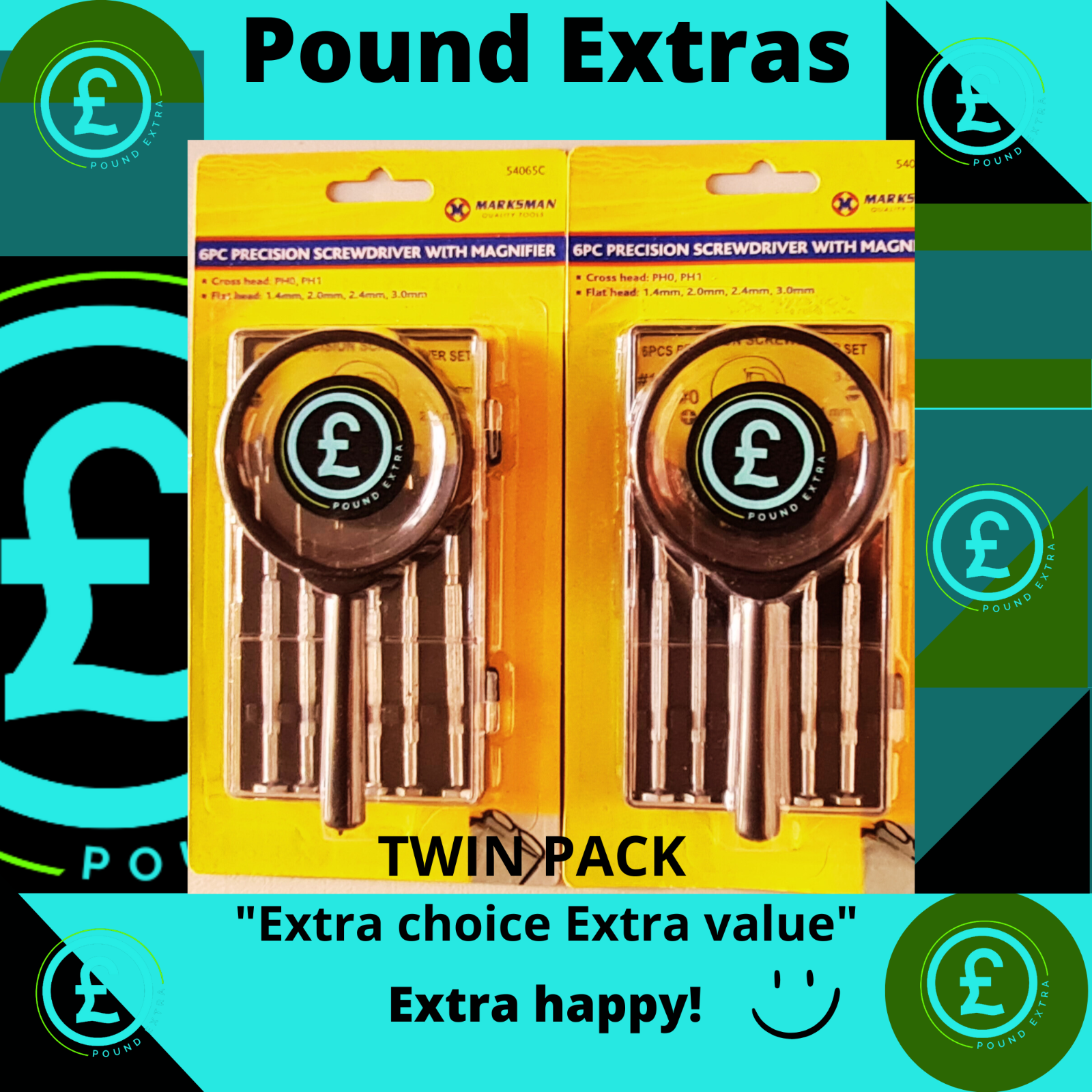 Packaged screwdriver set with Pound symbol branding on a colorful background