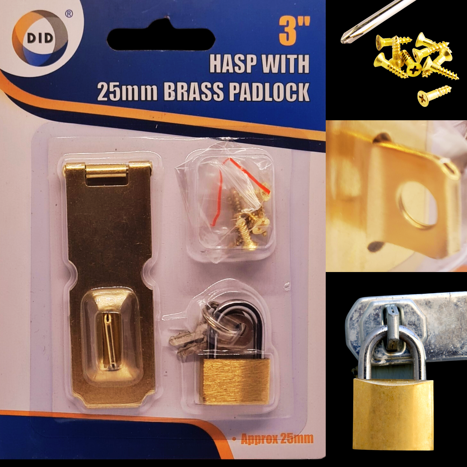 Gold hasp and padlock set with packaging and additional components on a black background