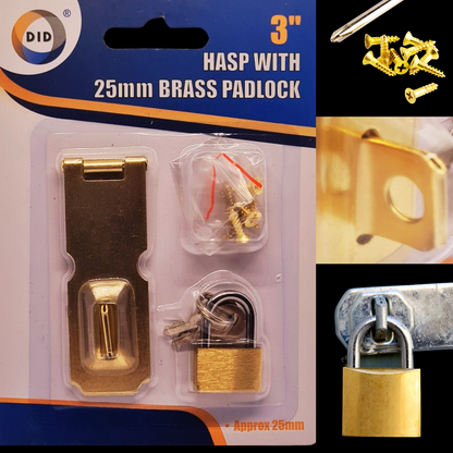 Gold hasp and padlock set with packaging and additional components on a black background