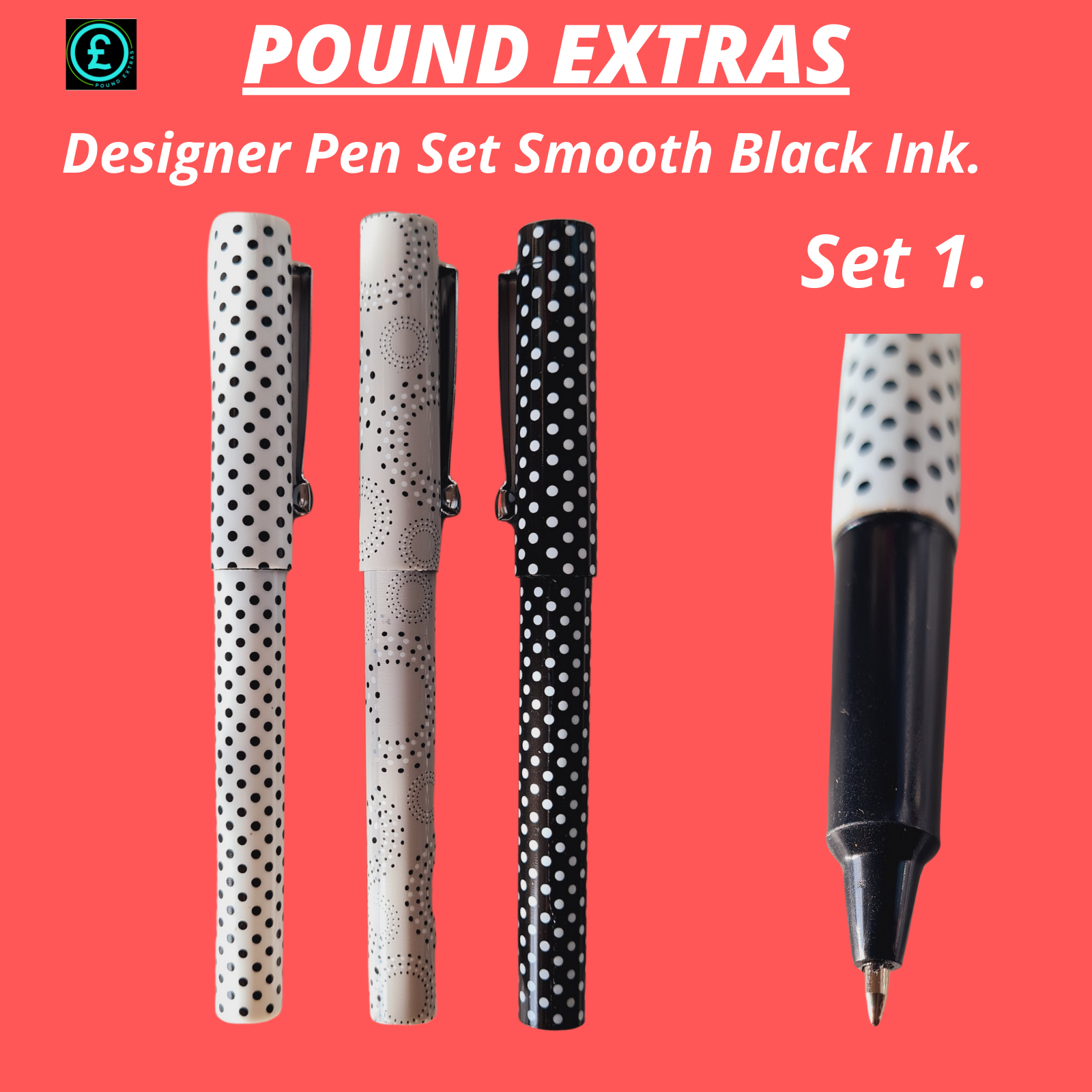 Set of four pens with polka dot and textured designs on a red background, labeled 'Pound Extras'.