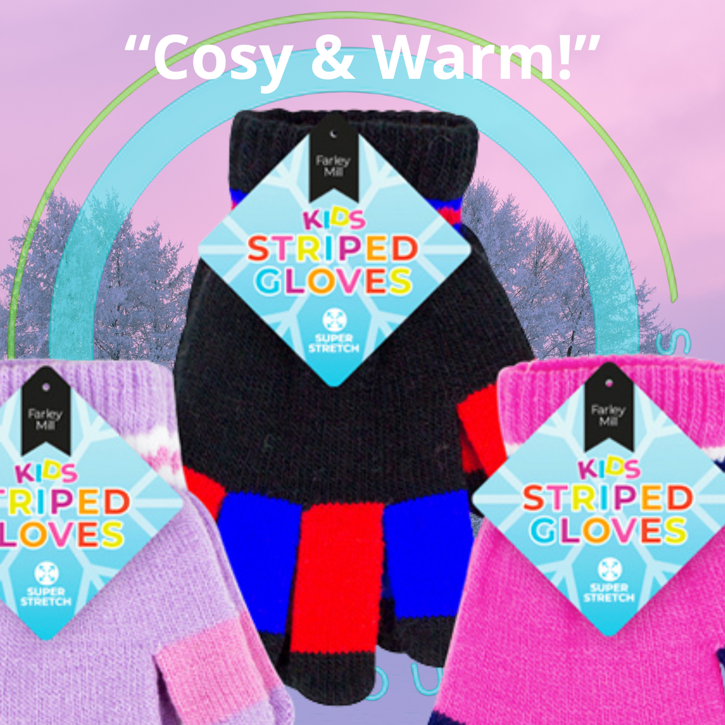 Striped gloves with colorful tags on a pastel background