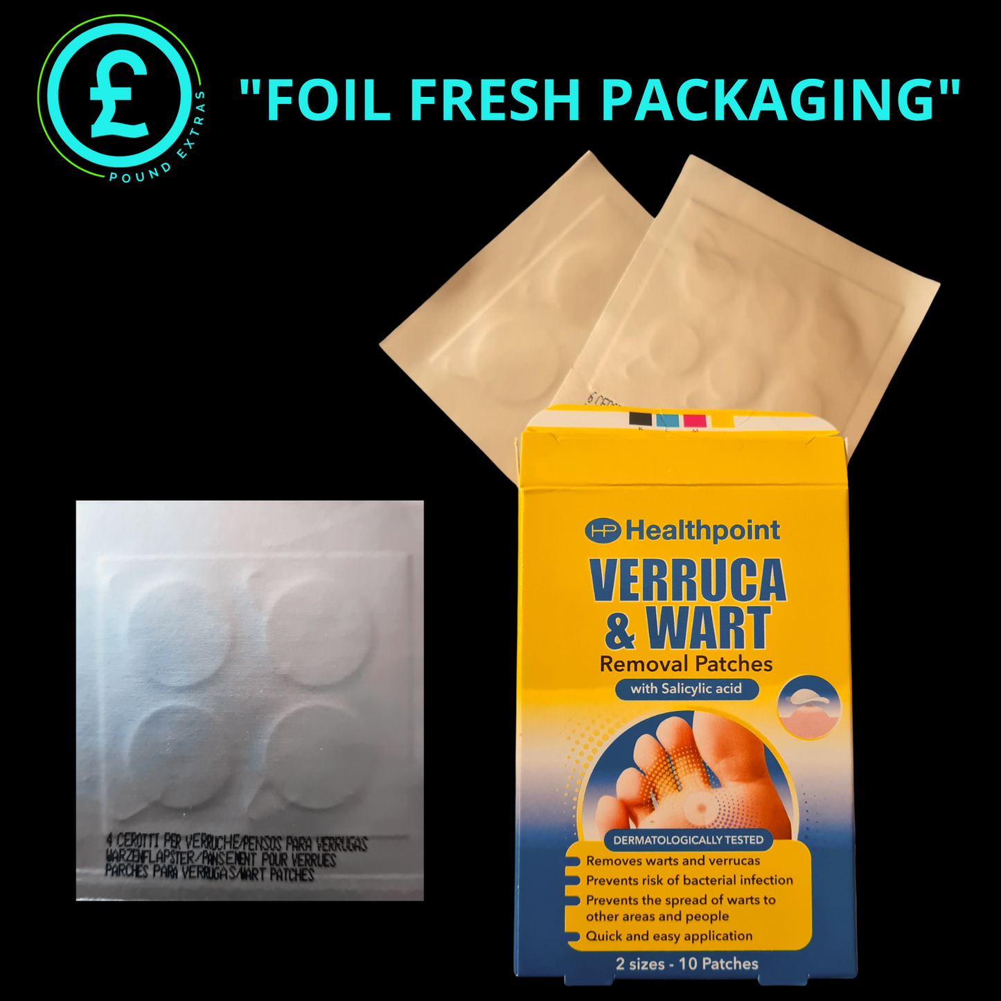 Healthpoint verruca and wart removal patches with packaging on a black background