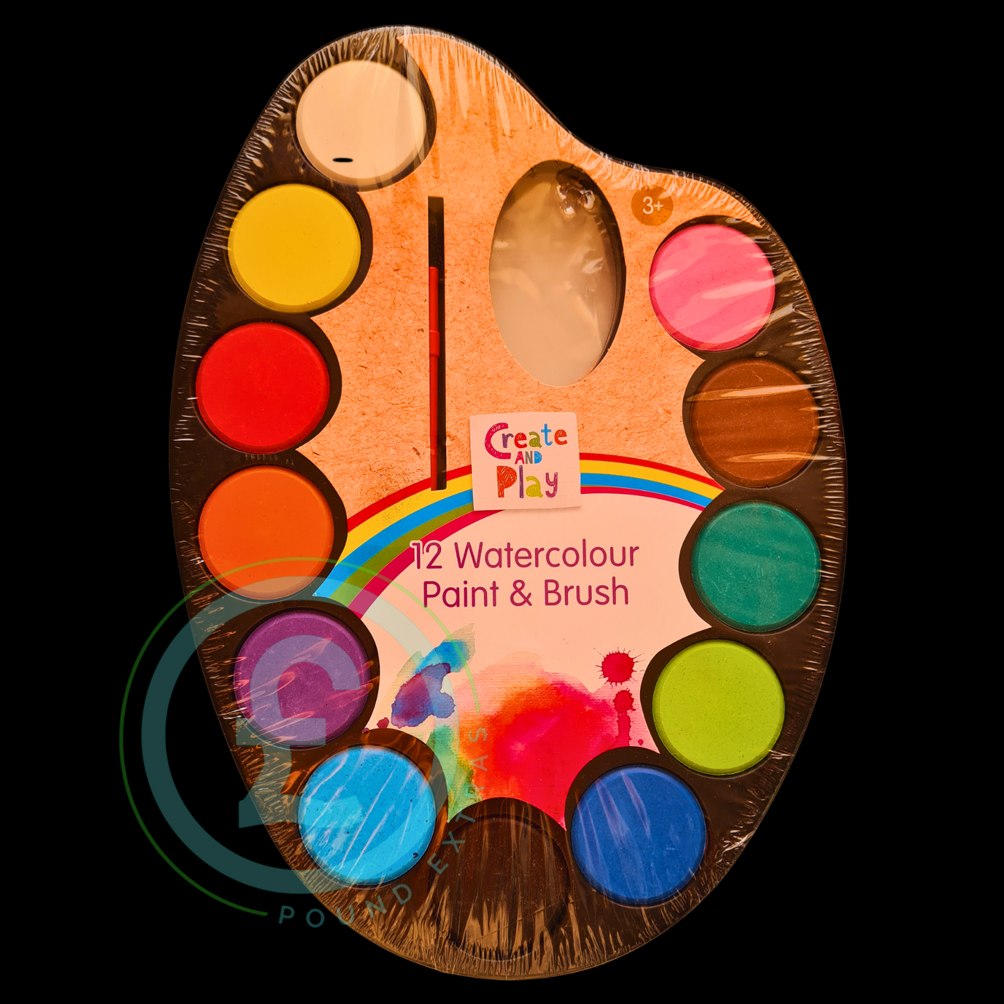 Wooden paint palette with watercolor paints and a brush, branded 'Create and Play'.