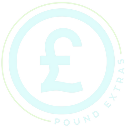 Logo with a pound sign and 'Pound Extras' text on a white background poundextras.com