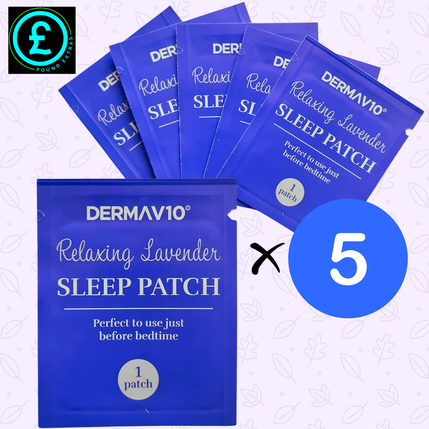 Packaging of Dermavio Relaxing Lavender Sleep Patch with a blue circle and number five on a white background.