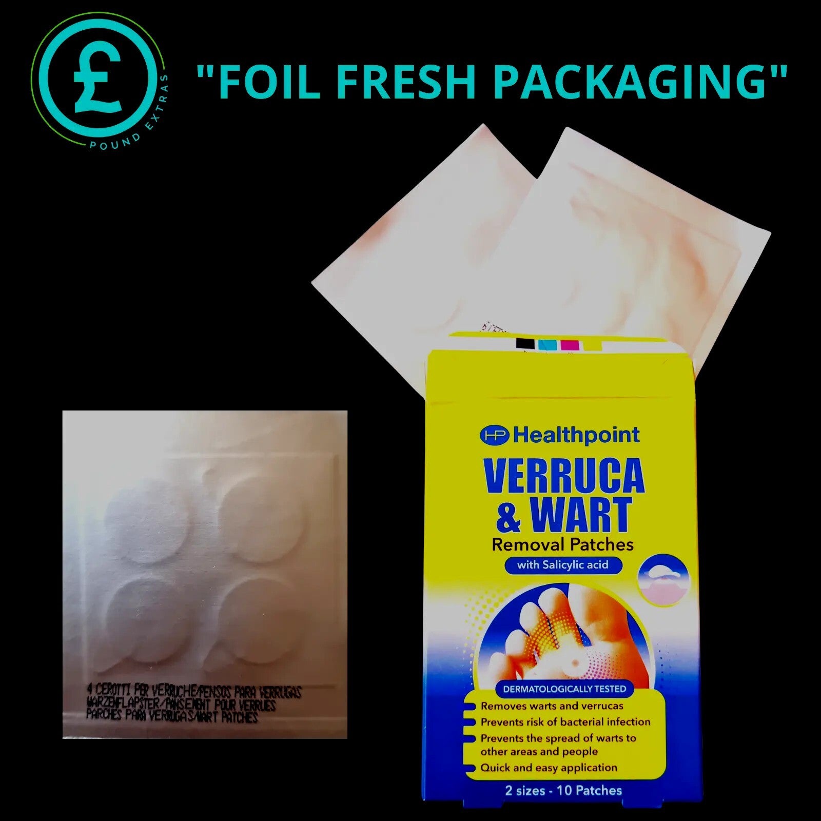 Healthpoint Verruca & Wart Removal Patches packaging with foil fresh packaging on a black background.