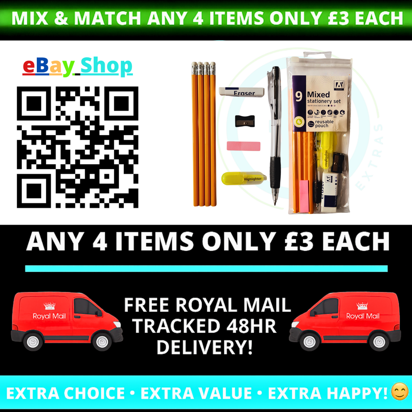 Promotional image for eBay Shop with stationery items and delivery information.