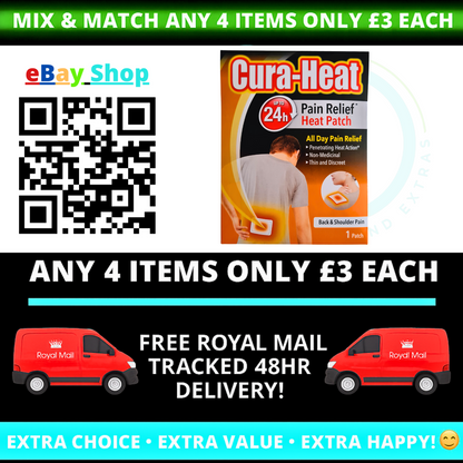 Promotional advertisement for Cura-Heat pain relief heat patch with eBay Shop branding and free Royal Mail delivery offer.