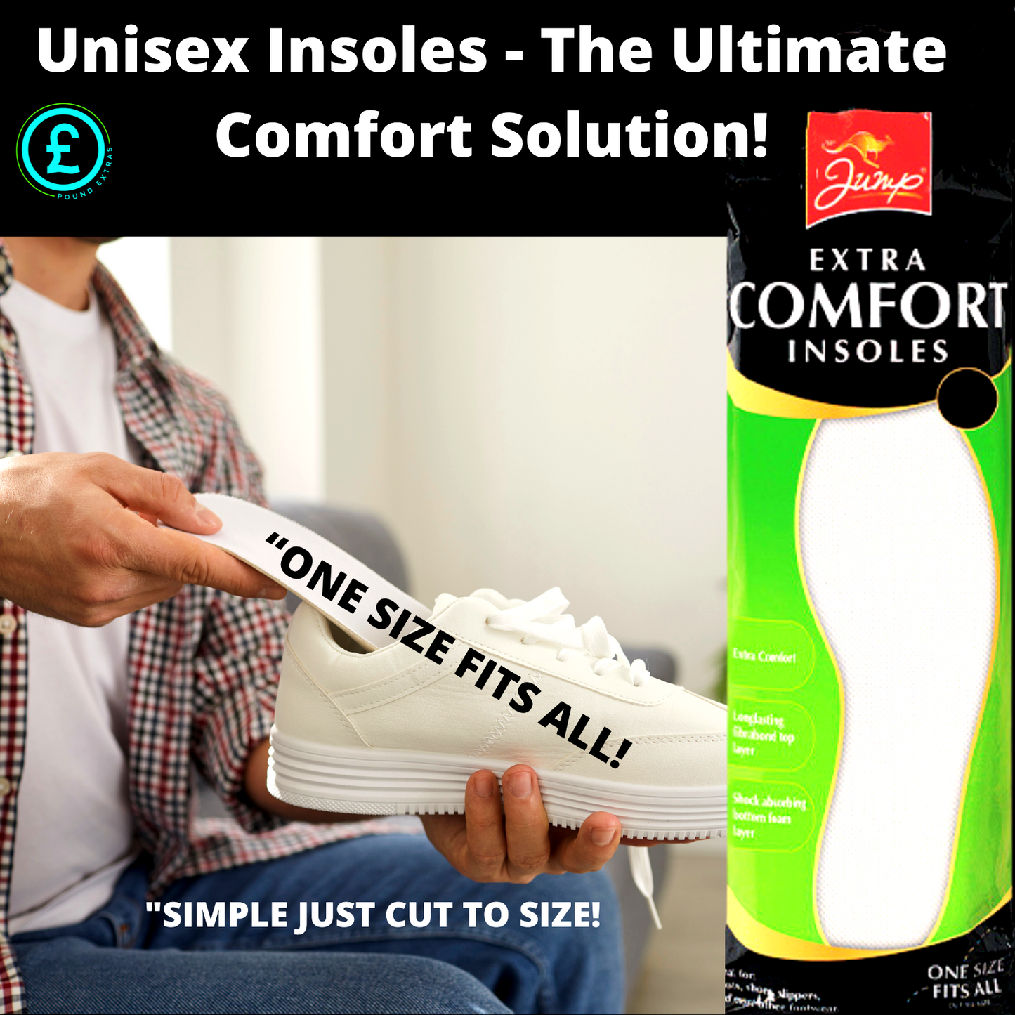 Person holding a white sneaker with text about unisex insoles and a box of Jump Extra Comfort Insoles.