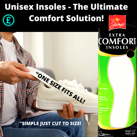Person holding a white sneaker with text about unisex insoles and a box of Jump Extra Comfort Insoles.