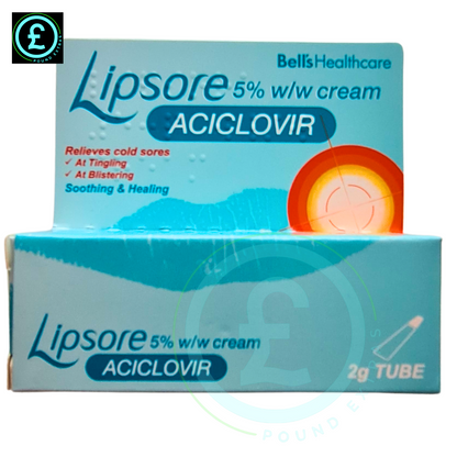 Lipsore Aciclovir cream packaging with blue and white design