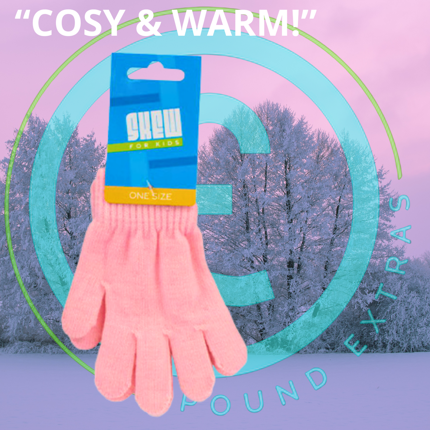 Pink gloves with a blue packaging label on a winter scene background