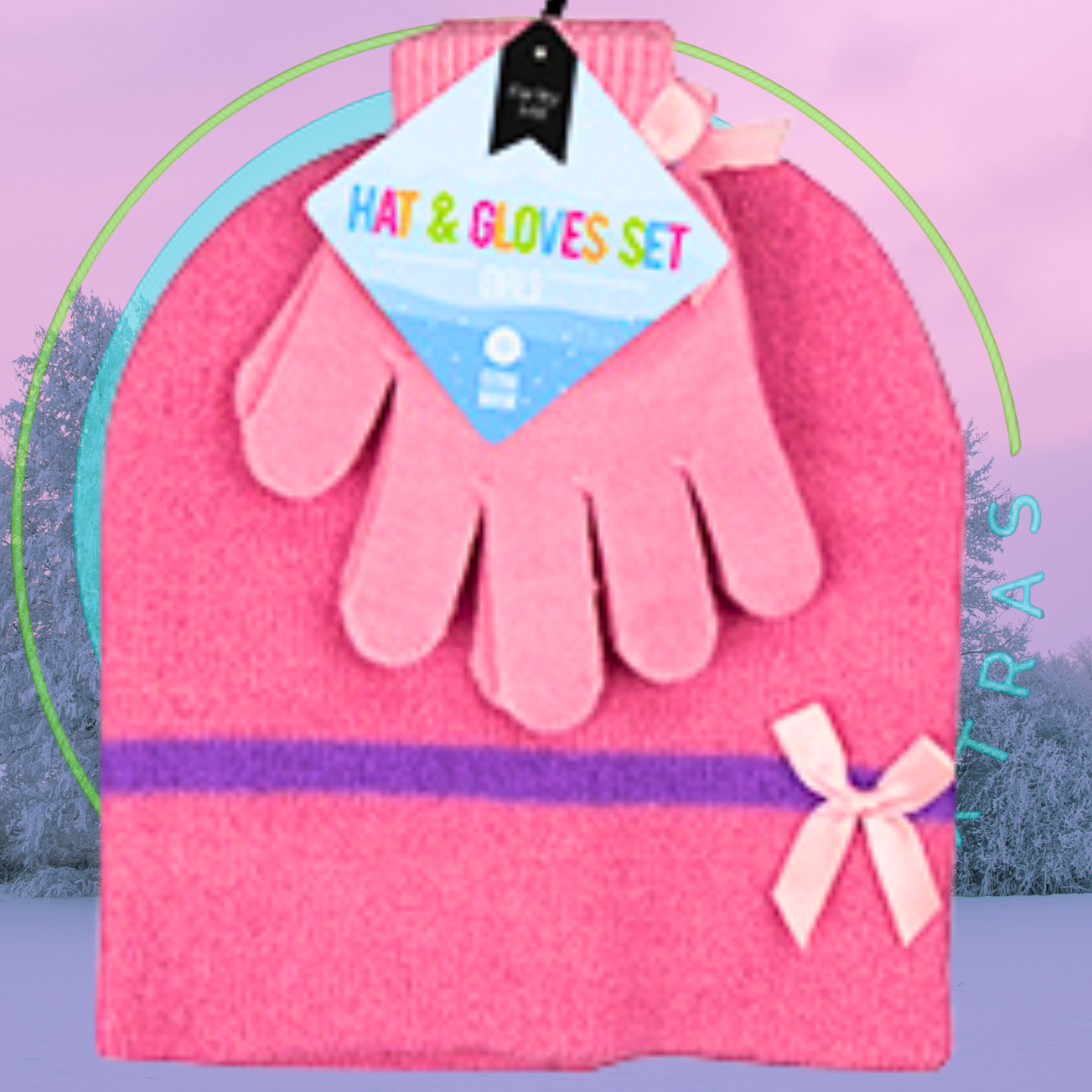 Pink hat and gloves set with a tag on a snowy background