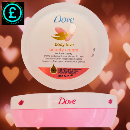 Dove body love beauty cream with a heart-themed background
