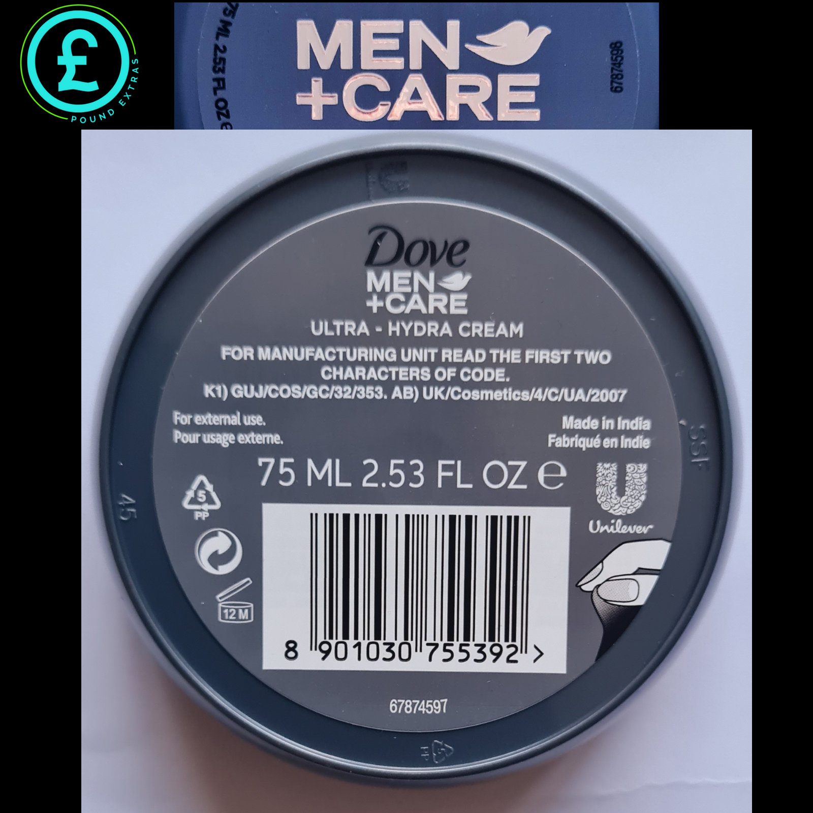 Dove Men+Care ultra-hydra cream container with label on a white background