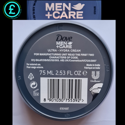 Dove Men+Care ultra-hydra cream container with label on a white background