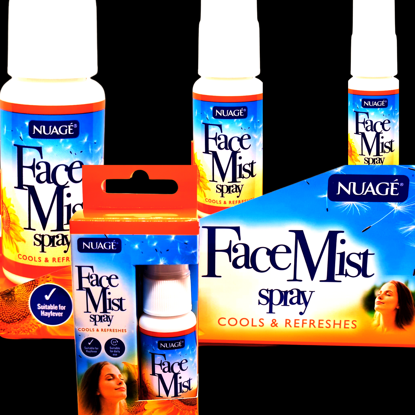 Nuáge Face Mist spray packaging on a black background