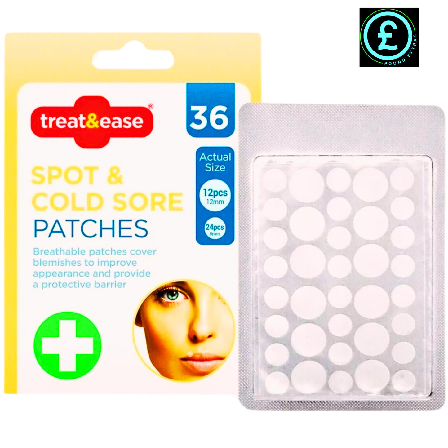 Packaging of treat&ease spot and cold sore patches with a clear display of the patches inside.