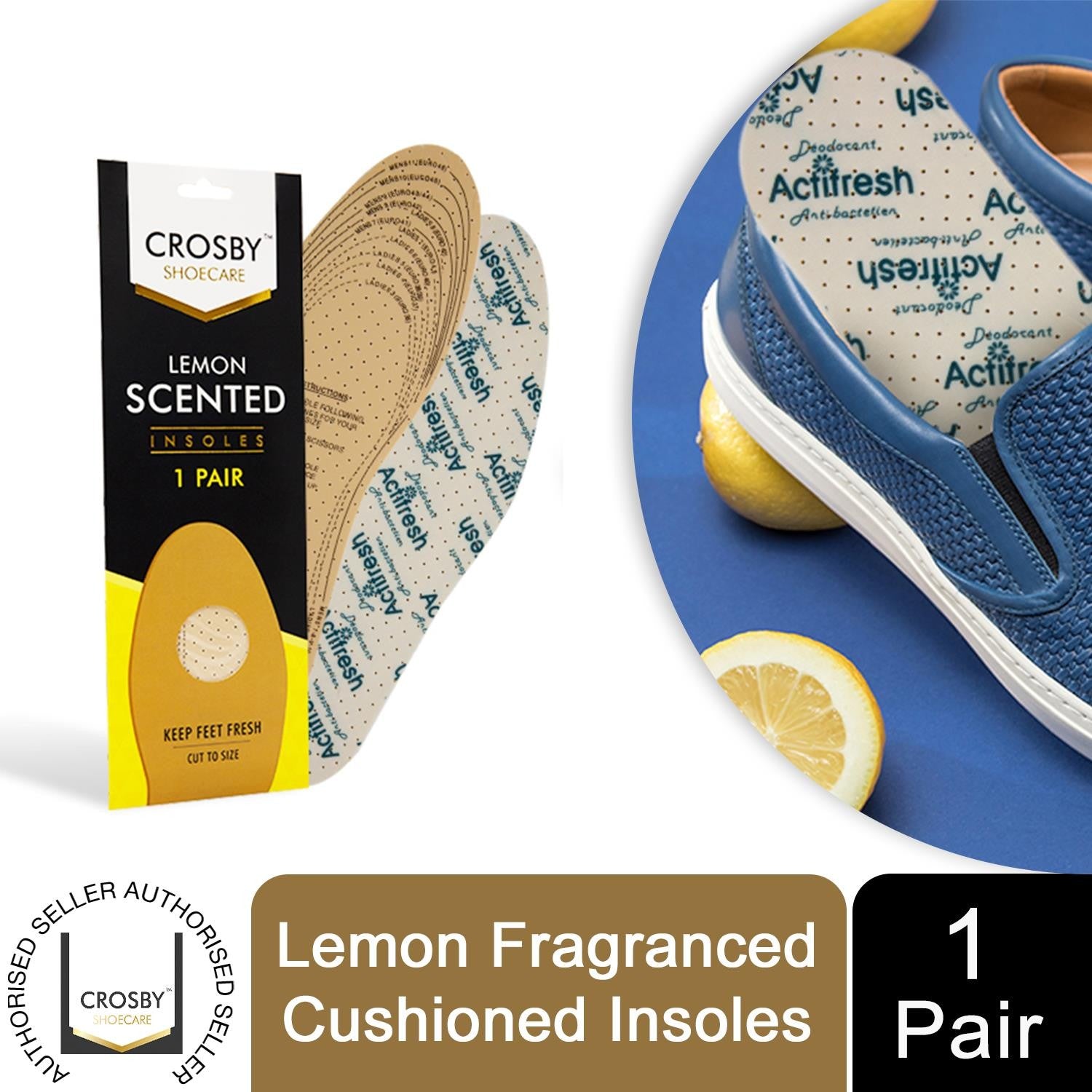 Crosby lemon scented cushioned insoles with packaging and a shoe on a blue mat.