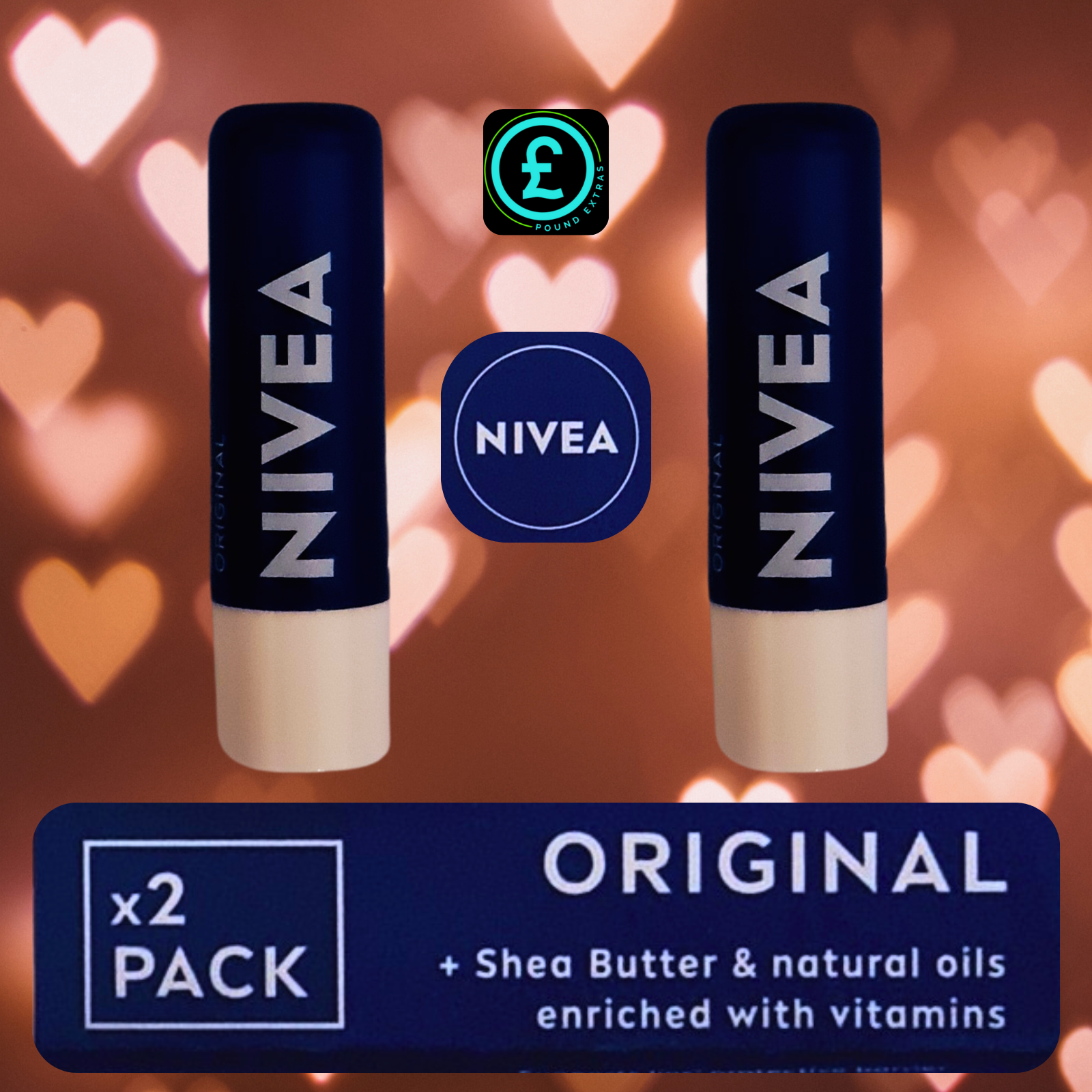 Two Nivea lip balms with a heart-themed background