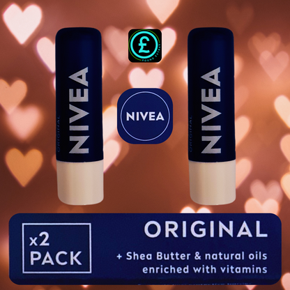 Two Nivea lip balms with a heart-themed background