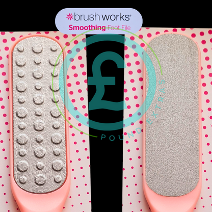 Foot file with 'brush works' branding on a pink and white polka dot background
