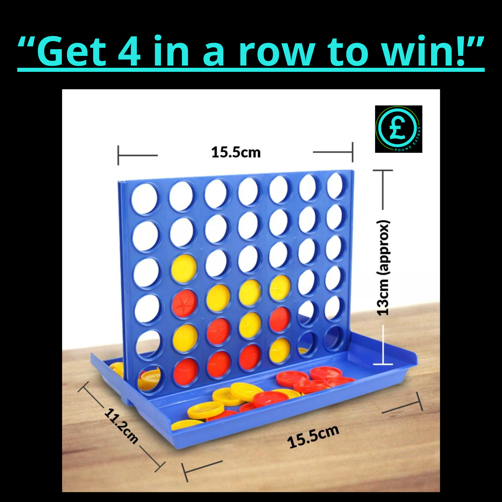 Board game with colored discs on a wooden surface, showing dimensions and a price tag.