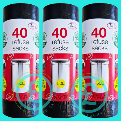 Black Bin Bags TidyZ 50L Refuse Sacks 120 Pack (3 Rolls) Strong Swing Bin Liner8