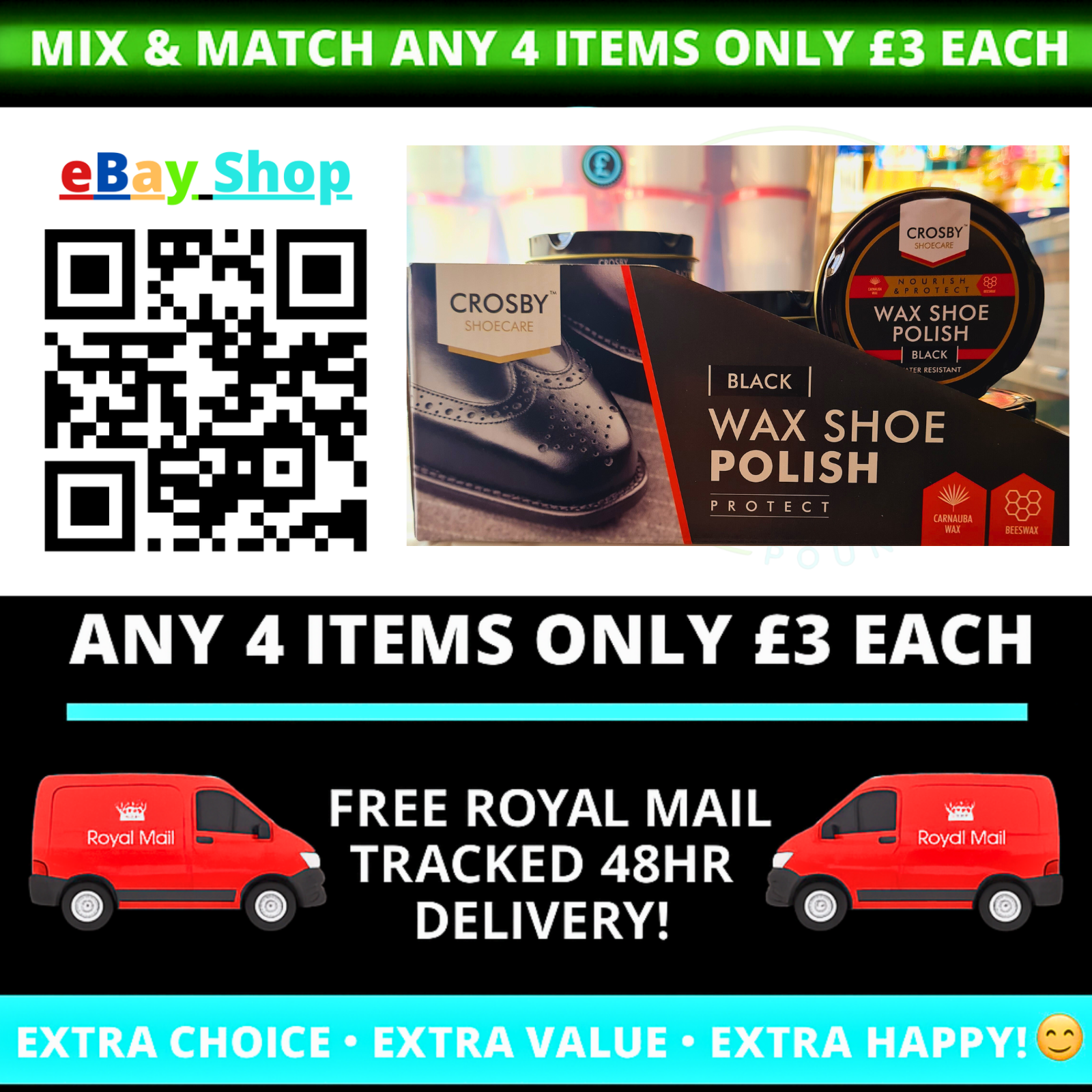 Advertisement for Crosby Wax Shoe Polish with promotional text and Royal Mail van graphics.
