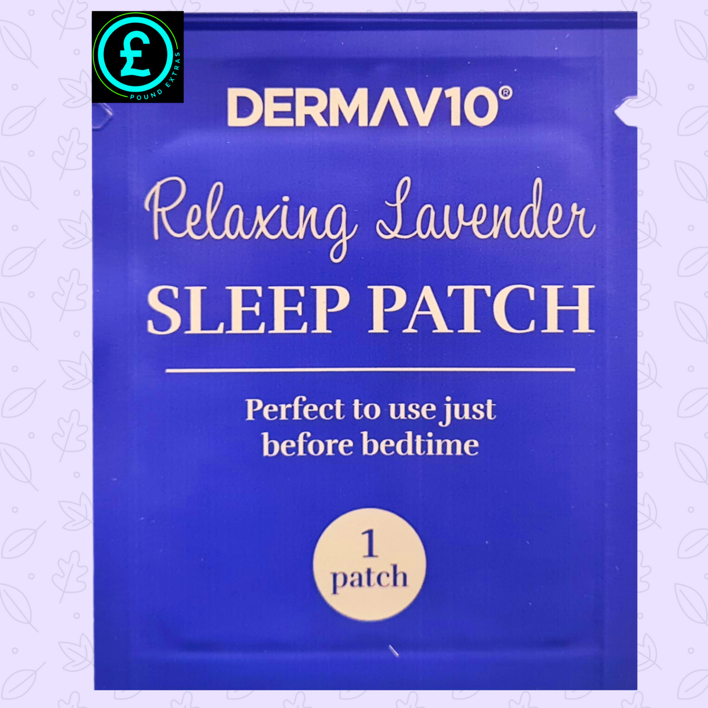 DermaV10 Relaxing Lavender Sleep Patch packaging on a light purple background