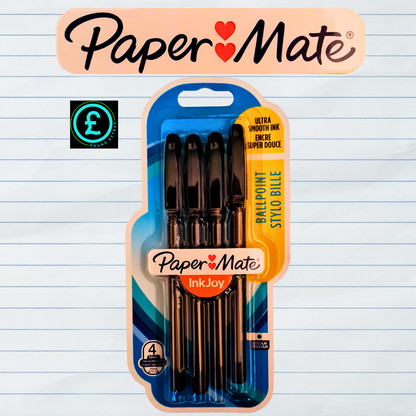 Pack of Paper Mate InkJoy pens on a lined paper background