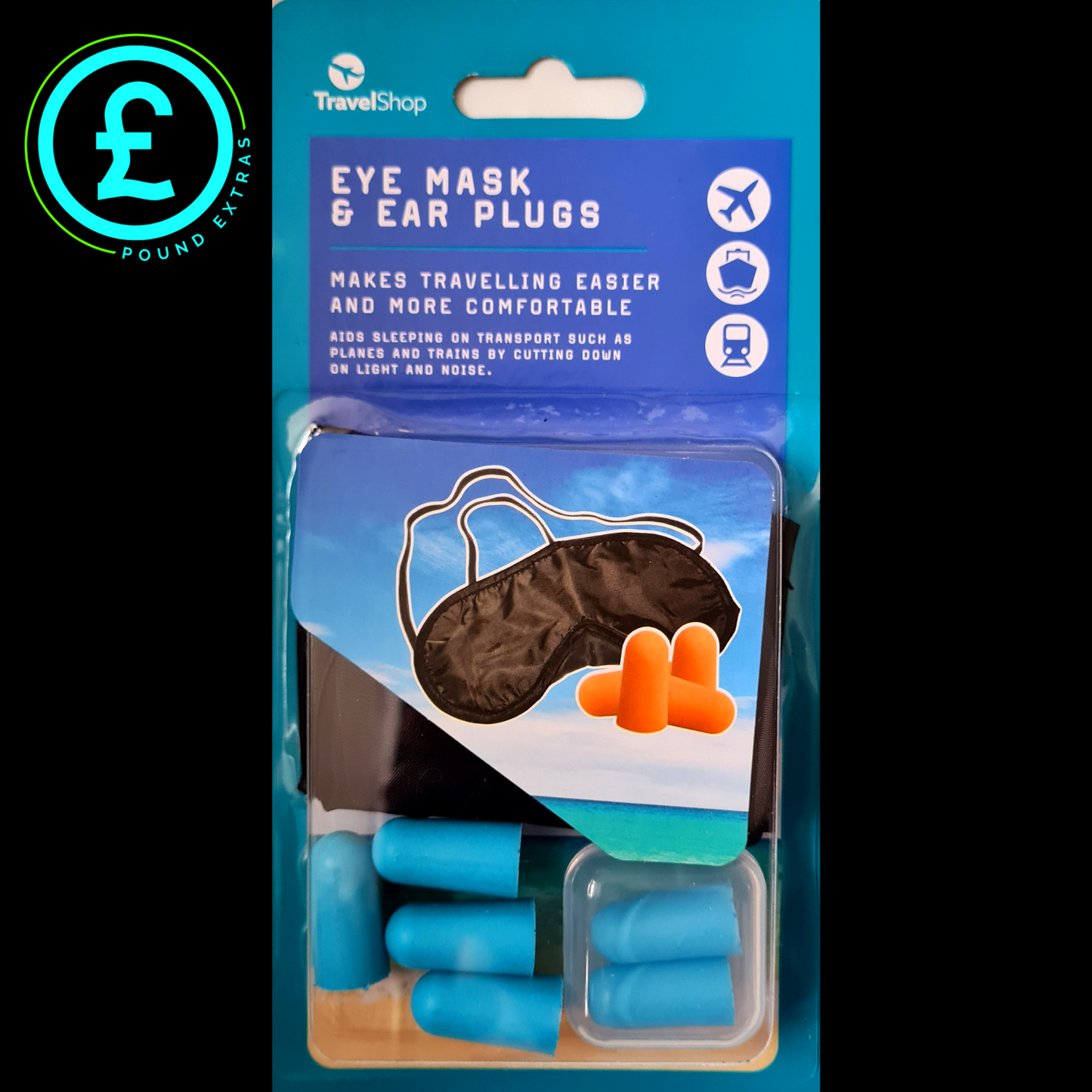Packaged eye mask and ear plugs set with Travel Shop branding on a blue background.