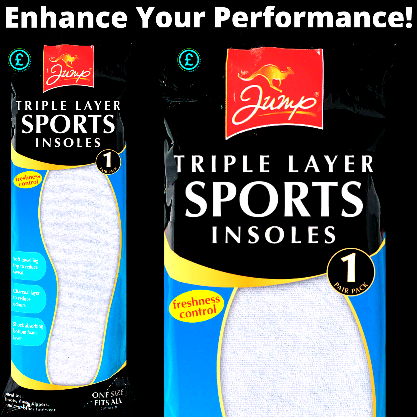 Packaging of Jump Triple Layer Sports Insoles with branding and product details.