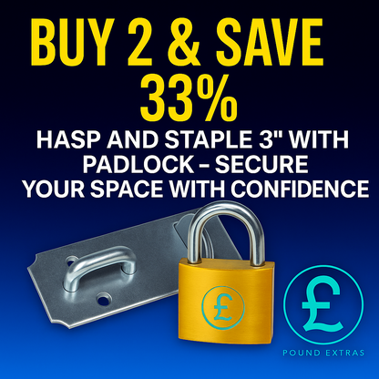 Promotional graphic with a yellow padlock and metal hasp on a blue background, featuring text about a discount offer.