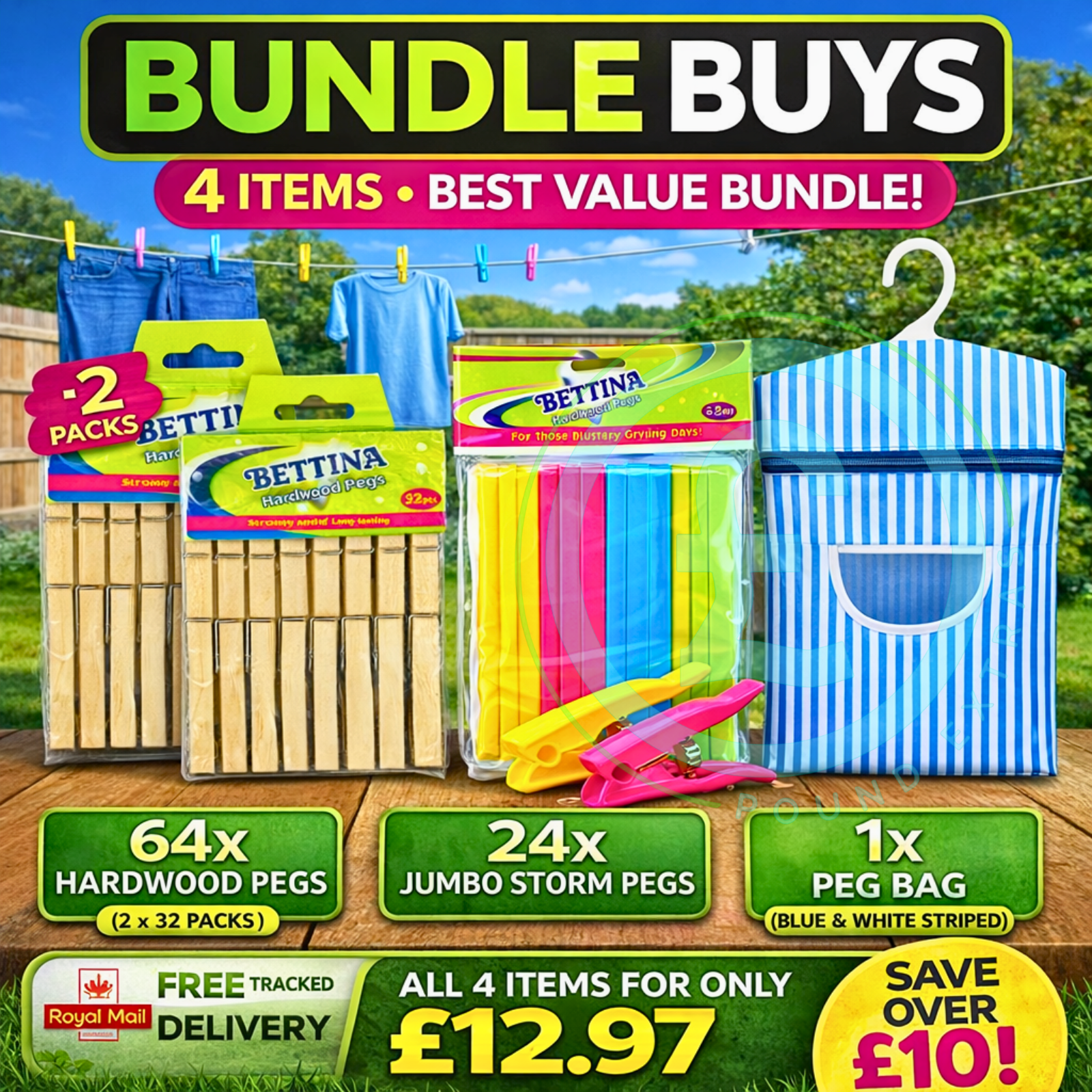 Clothes Peg Bundle 64 Hardwood Pegs 24 Strong Jumbo Storm Pegs Peg Bag Set Deal0