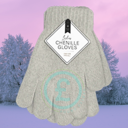Chenille glove with a tag on a winter landscape background