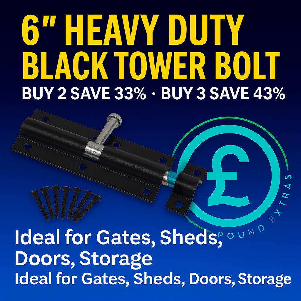 Heavy-duty black tower bolt with screws on a blue background, Pound Extras logo, and promotional text.